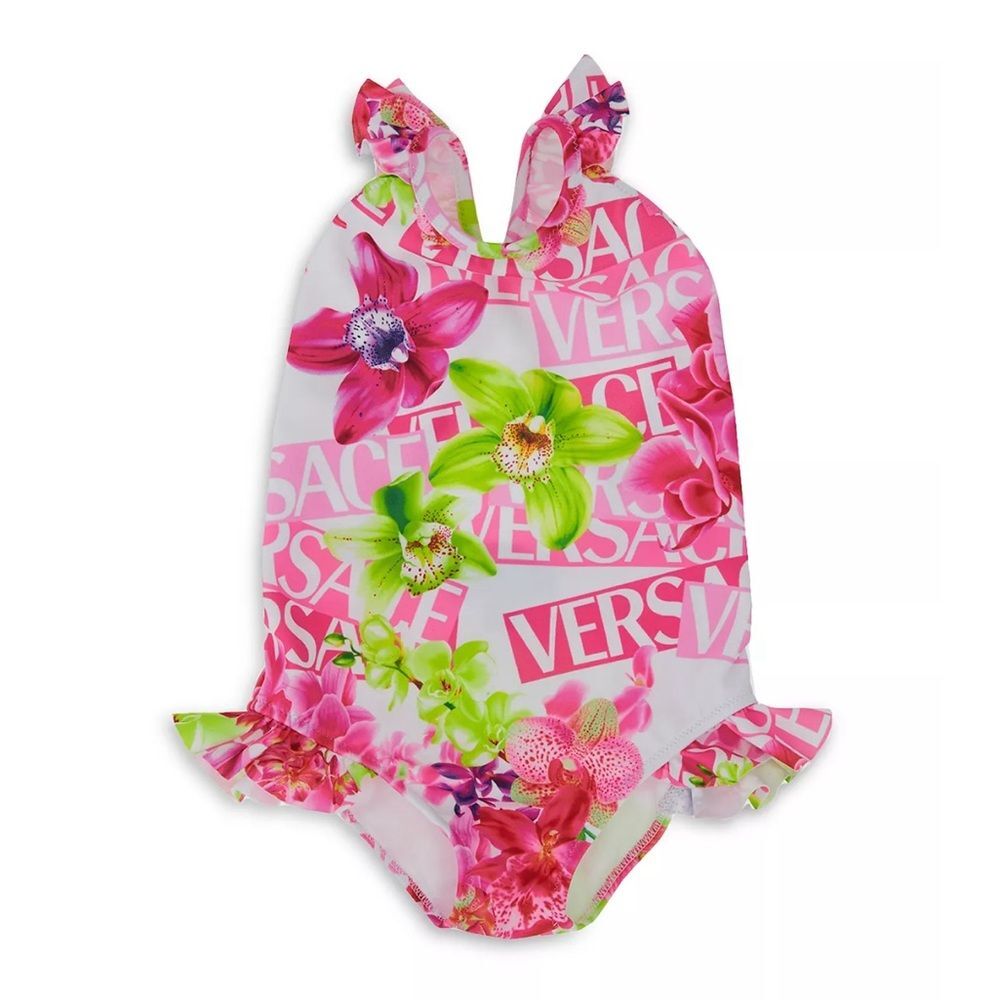 Versace Girls' Orchid & Logo Print Swimsuit, NWT, Size 36 Months